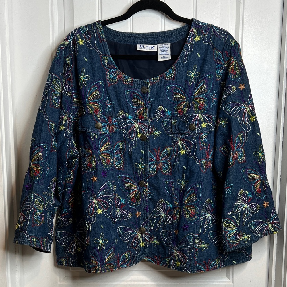 Blair Denim Jacket with Multicolor Butterfly Embroidery. Size 2 XL.